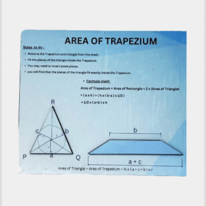 Sagedel maths lab instructional board explaining the Area of Trapezium with step-by-step derivation, geometric diagrams of a triangle and trapezium, and the formula 1/2(a+b)h
