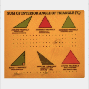 Geometric proof showing the sum of the interior angles of a triangle is equal to 180 degrees.