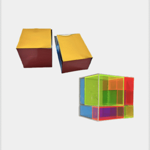 3D surface area models of common geometric shapes, including a cube, cylinder, and rectangular prism, displayed alongside their corresponding flat nets.