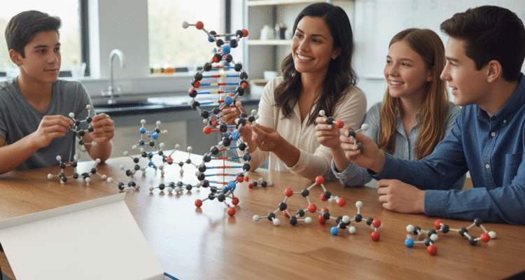 Hands-on molecular models in a classroom setting, illustrating the three-dimensional concepts of Atomic and molecular structures for students.