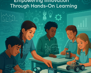 Sagedel Sensor Kits for STEM Education, featuring diverse students actively engaged in HandsOnLearning with various electronic modules like an LDR light kit, motion sensor, and a DIY robot car, all presented on a classroom desk.