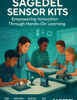 Sagedel Sensor Kits for STEM Education, featuring diverse students actively engaged in HandsOnLearning with various electronic modules like an LDR light kit, motion sensor, and a DIY robot car, all presented on a classroom desk.