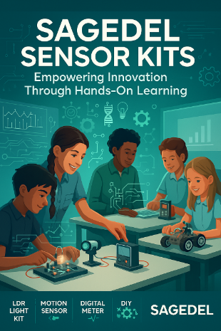 Sagedel Sensor Kits for STEM Education, featuring diverse students actively engaged in HandsOnLearning with various electronic modules like an LDR light kit, motion sensor, and a DIY robot car, all presented on a classroom desk.