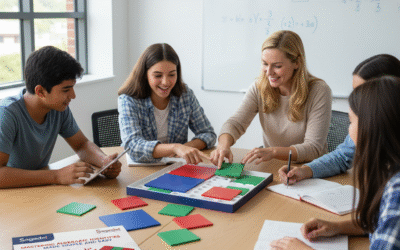 Vocational students learning Smart Home Wiring and IoT integration from an instructor, with Sagedel training kits and electronic components visible on the table.