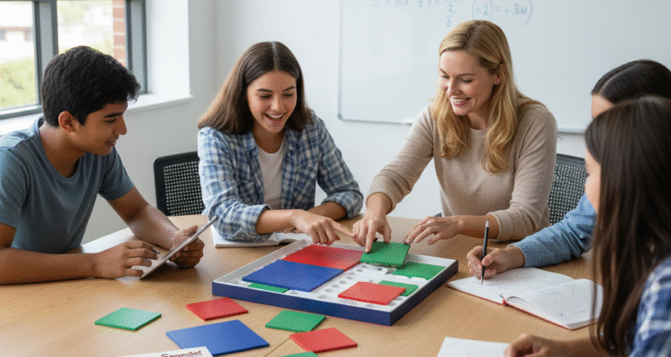 Vocational students learning Smart Home Wiring and IoT integration from an instructor, with Sagedel training kits and electronic components visible on the table.