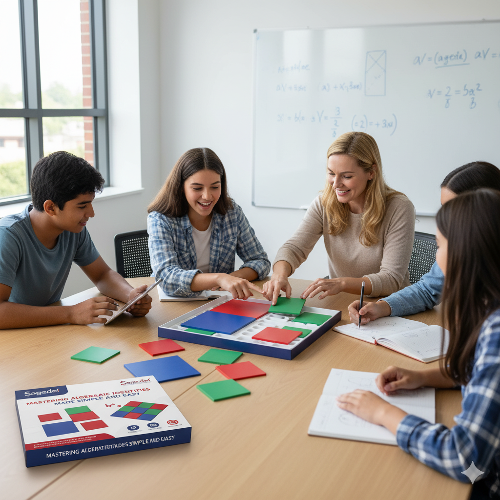 Vocational students learning Smart Home Wiring and IoT integration from an instructor, with Sagedel training kits and electronic components visible on the table.