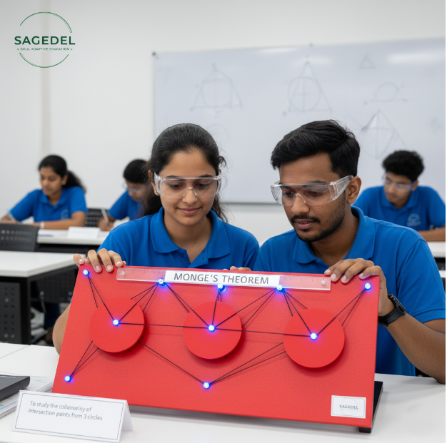 Educational display board featuring the Sagedel logo, with graphs of common, shortened, and extended cycloid curves, and their applications in physics (Tautochrone Property) and engineering (Gear Design).