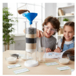 Multi-layer DIY Water Filtration Kit experiment with two students pouring muddy water into a column of sand, gravel, and activated carbon.Concise, descriptive, and essential for accessibility and Google Image ranking. Includes the primary keyword