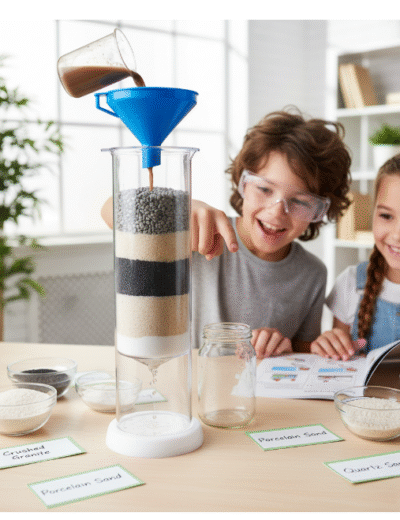 Multi-layer DIY Water Filtration Kit experiment with two students pouring muddy water into a column of sand, gravel, and activated carbon.Concise, descriptive, and essential for accessibility and Google Image ranking. Includes the primary keyword