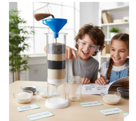 Multi-layer DIY Water Filtration Kit experiment with two students pouring muddy water into a column of sand, gravel, and activated carbon.Concise, descriptive, and essential for accessibility and Google Image ranking. Includes the primary keyword