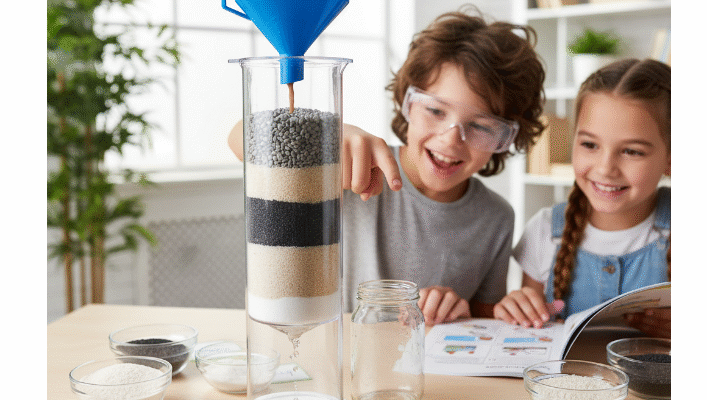 Multi-layer DIY Water Filtration Kit experiment with two students pouring muddy water into a column of sand, gravel, and activated carbon.Concise, descriptive, and essential for accessibility and Google Image ranking. Includes the primary keyword