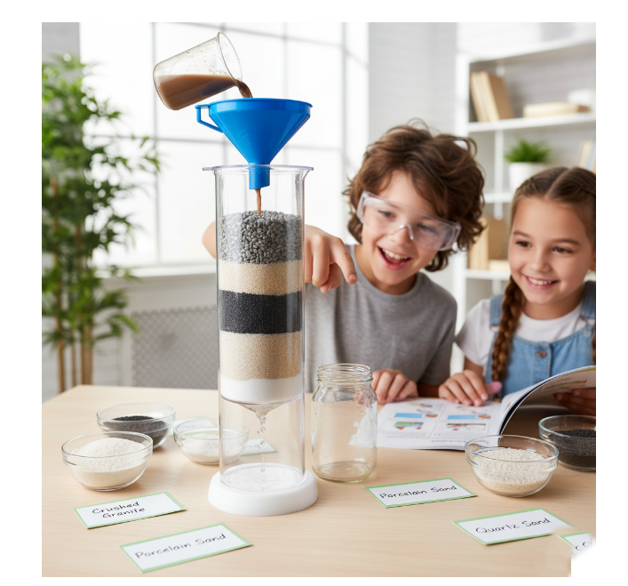 Multi-layer DIY Water Filtration Kit experiment with two students pouring muddy water into a column of sand, gravel, and activated carbon.Concise, descriptive, and essential for accessibility and Google Image ranking. Includes the primary keyword
